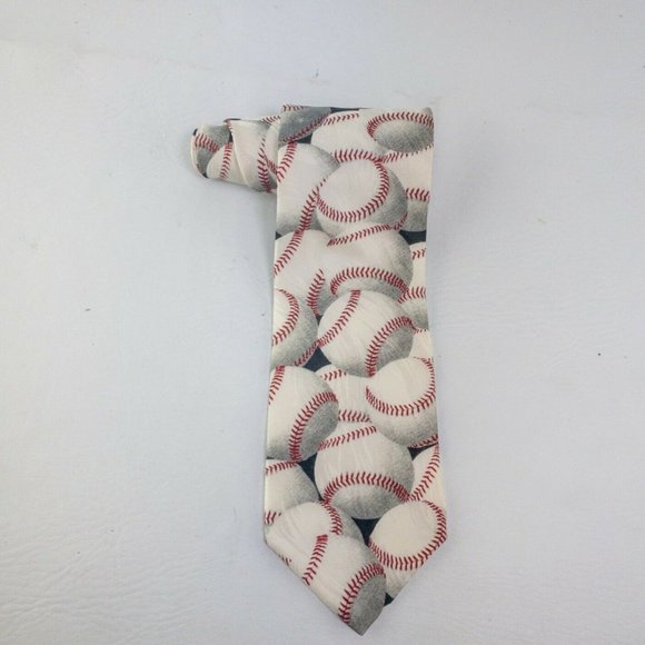 Baseball Neck Tie Mens White Gray red Sports Themed RM Sport Fun  Silk USA 3872 - Picture 1 of 7
